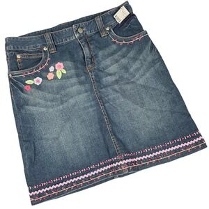 Vintage Talbots Denim Skirt Girls 16 Jean Floral Embroidered Ric-Rac Stretch NEW